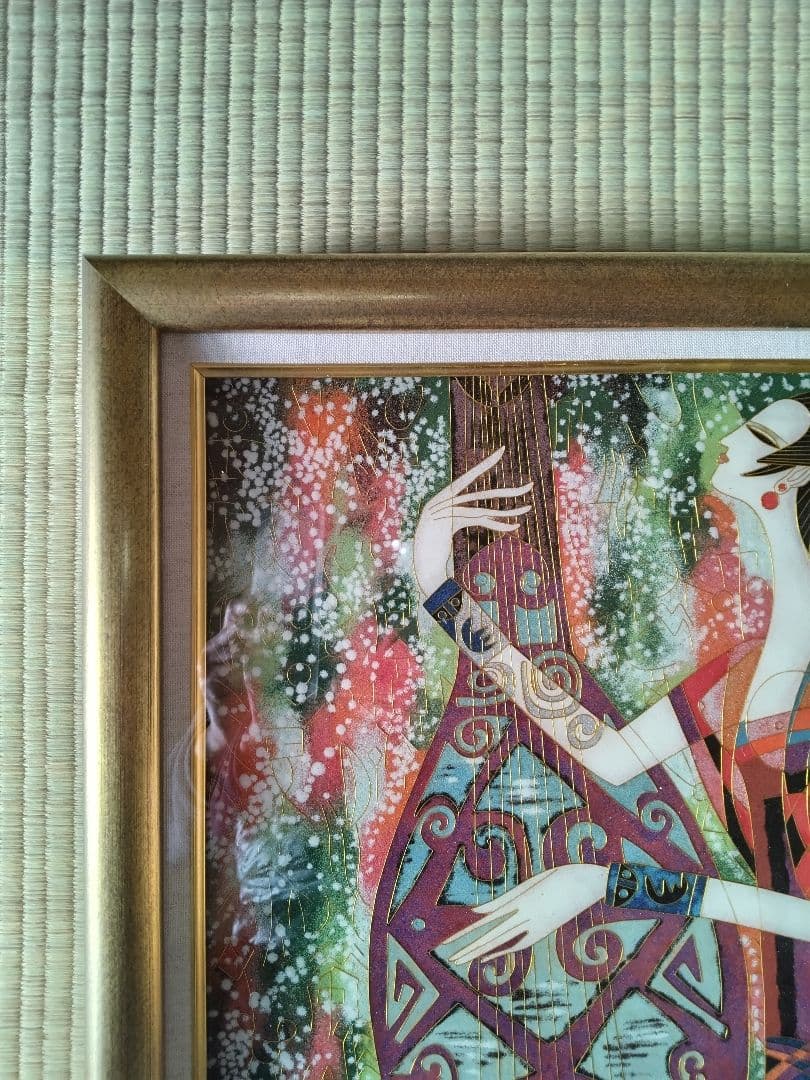 版画 『女性と楽器の抽象画』金線 七宝焼き（額縁付）▪送料無料