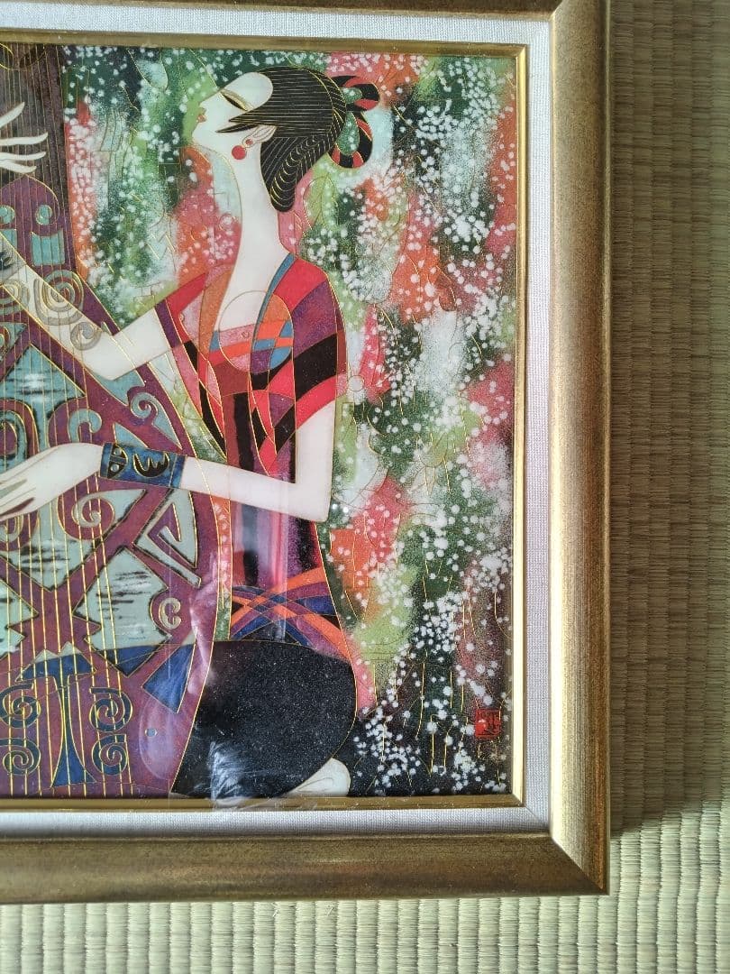 版画 『女性と楽器の抽象画』金線 七宝焼き（額縁付）▪送料無料