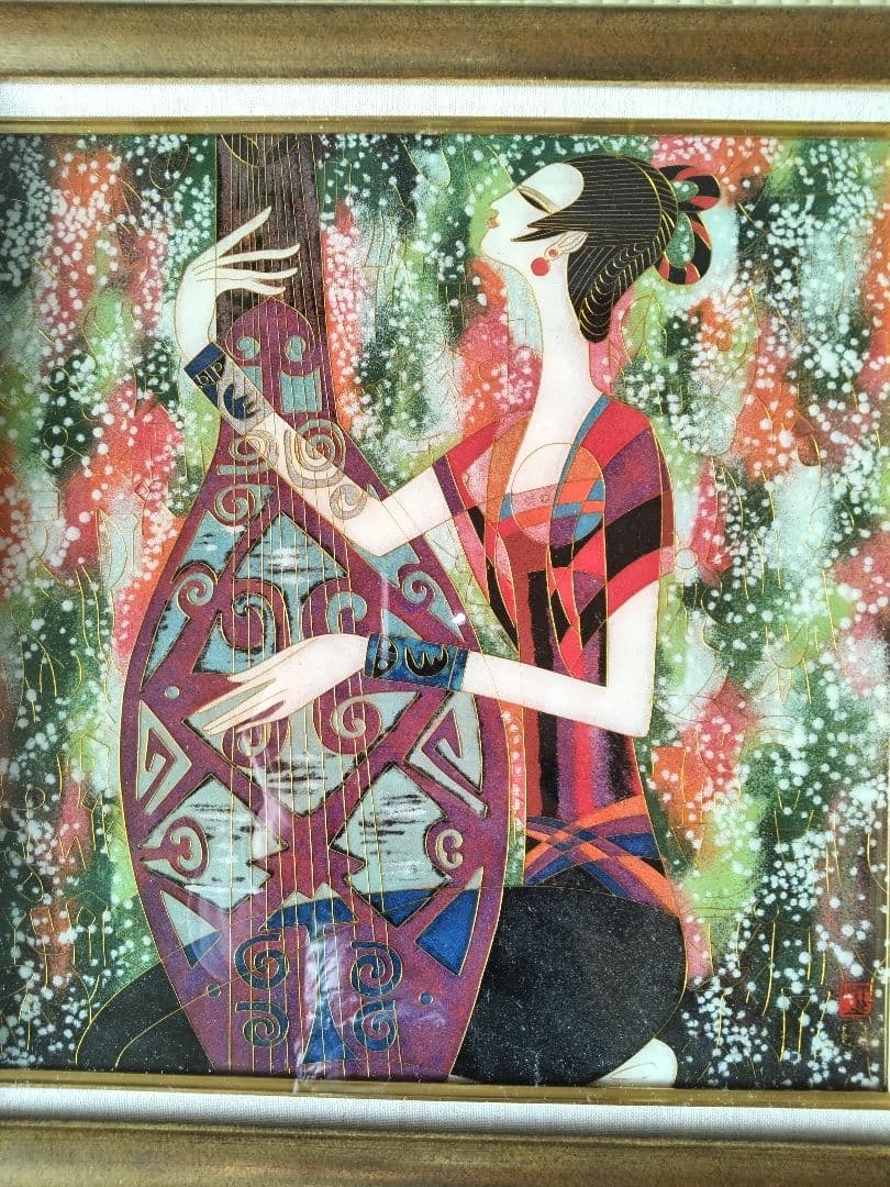 版画 『女性と楽器の抽象画』金線 七宝焼き（額縁付）▪送料無料