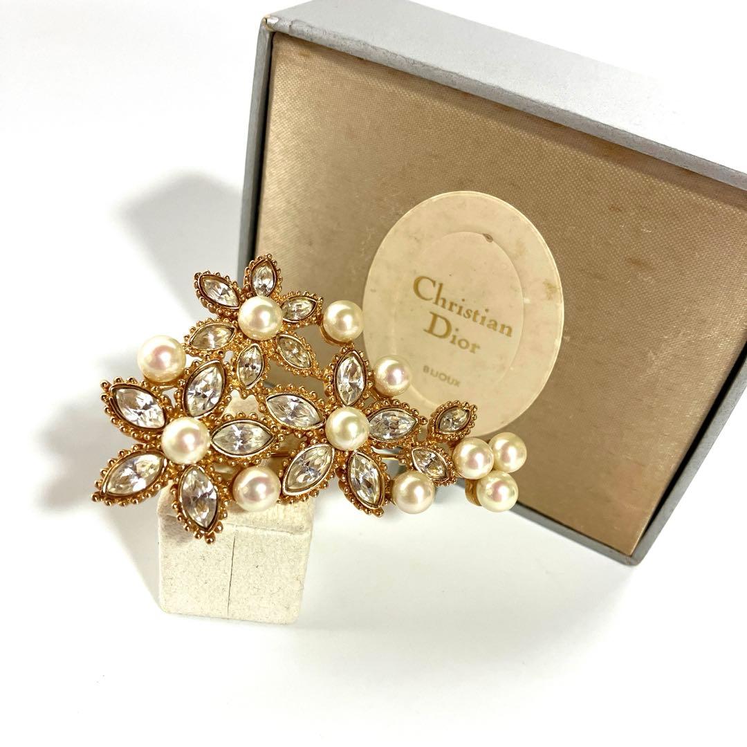 【美品】クリスチャンディオール パール ラインストーン ブローチ