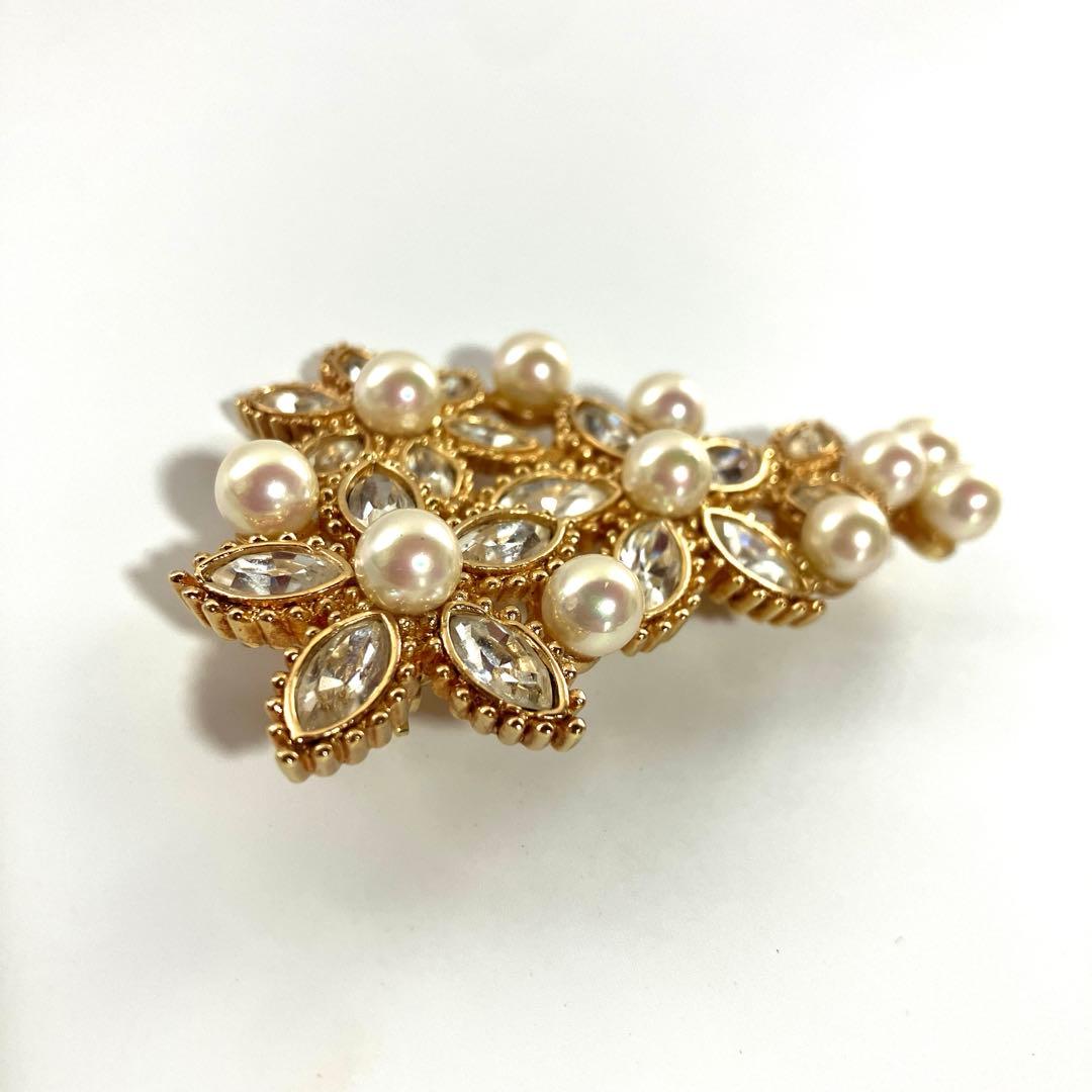 【美品】クリスチャンディオール パール ラインストーン ブローチ