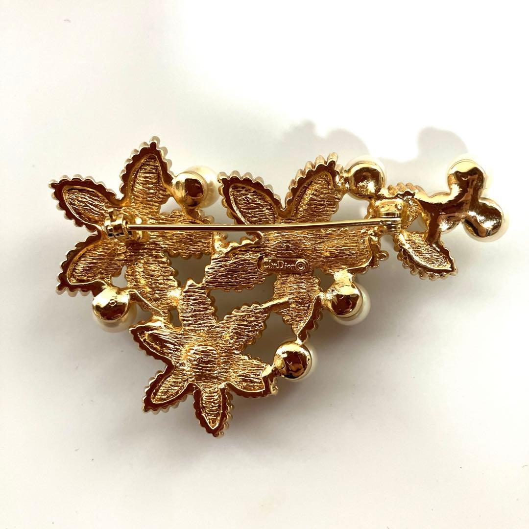 【美品】クリスチャンディオール パール ラインストーン ブローチ