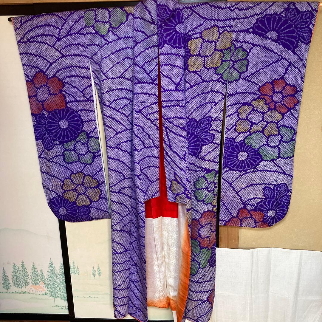 紫絞りの正絹振袖、レトロ、