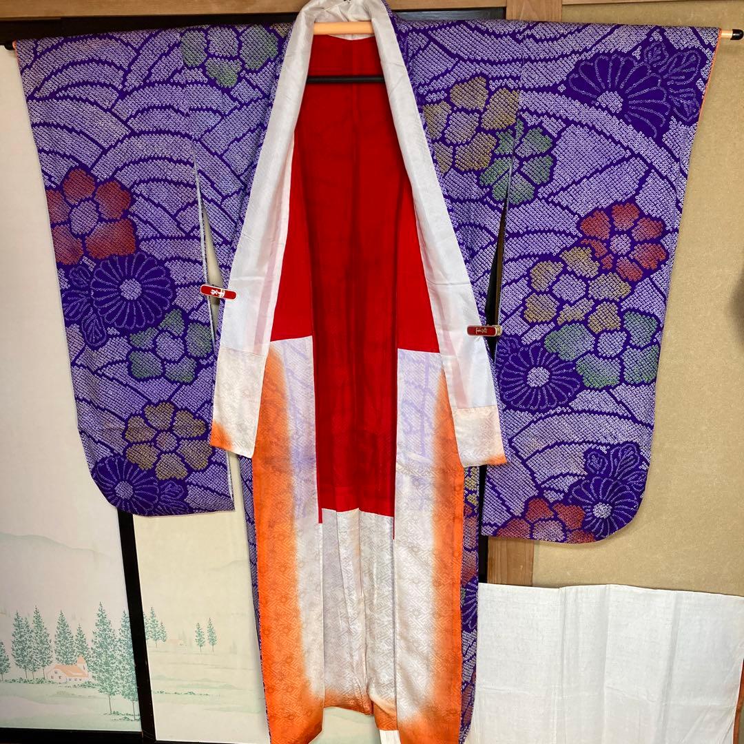 紫絞りの正絹振袖、レトロ、