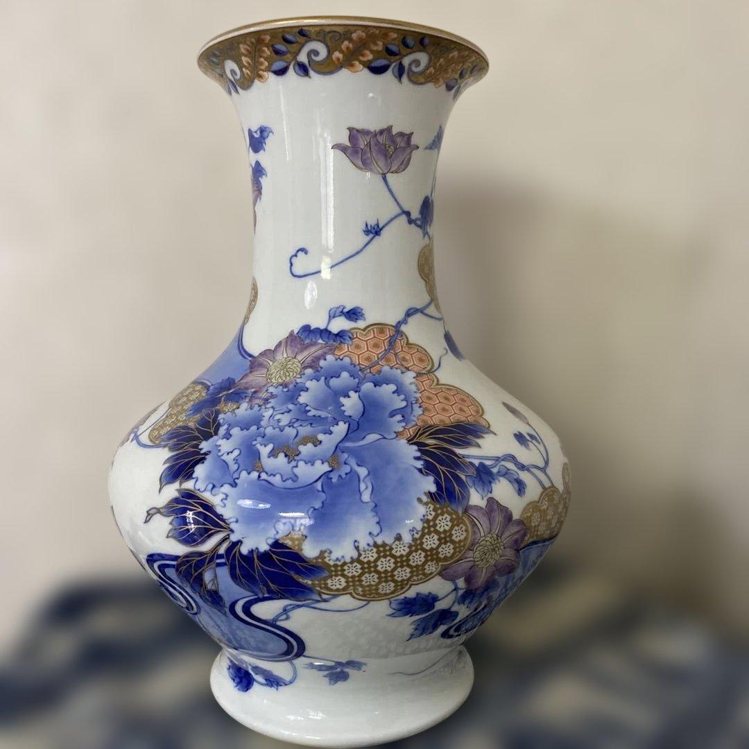 明治時代　オールド初期香蘭社　金彩牡丹染錦花瓶