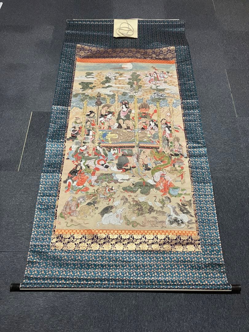 掛軸 超大幅 古仏画 『釈迦涅槃図』 紙本 肉筆 彩色 箱無 仏画 仏教美術