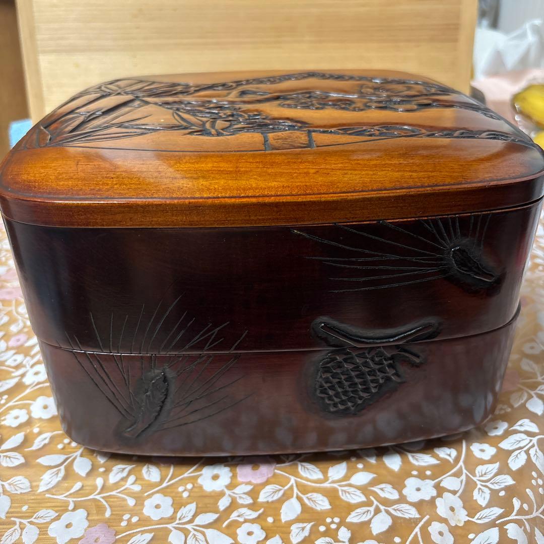 昭和时期 ふき子作 木製彫刻入り収納箱 中型
