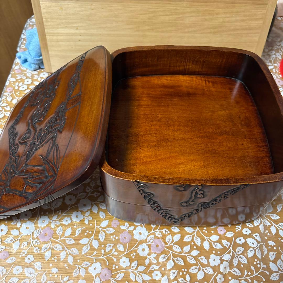 昭和时期 ふき子作 木製彫刻入り収納箱 中型