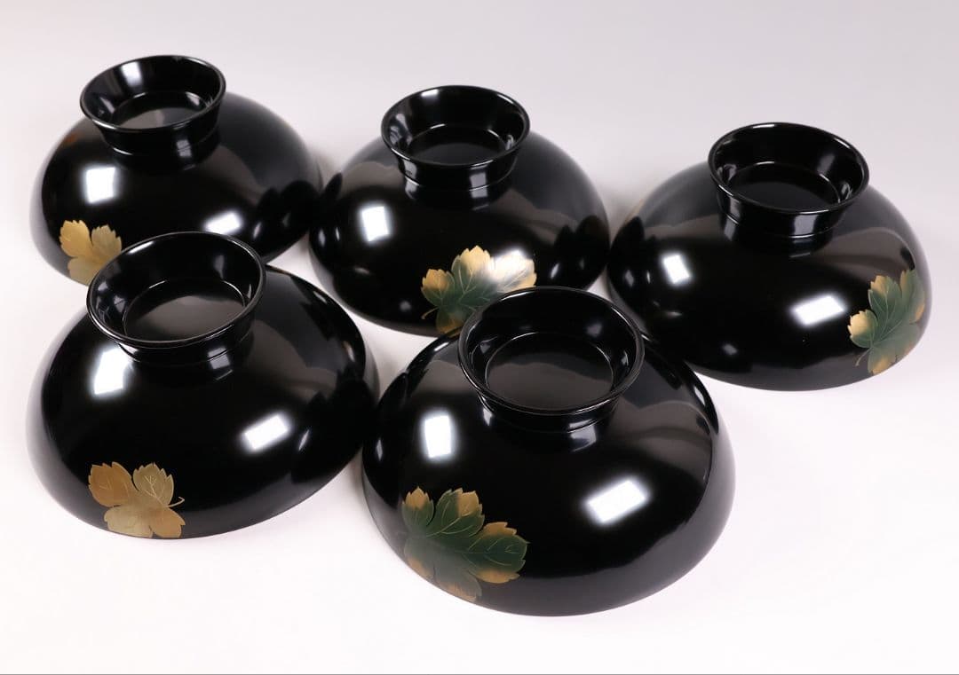 【CM366】輪島塗 塩徳屋漆器店 沈金 菊尽 煮物椀 五客 木製漆器 黒塗