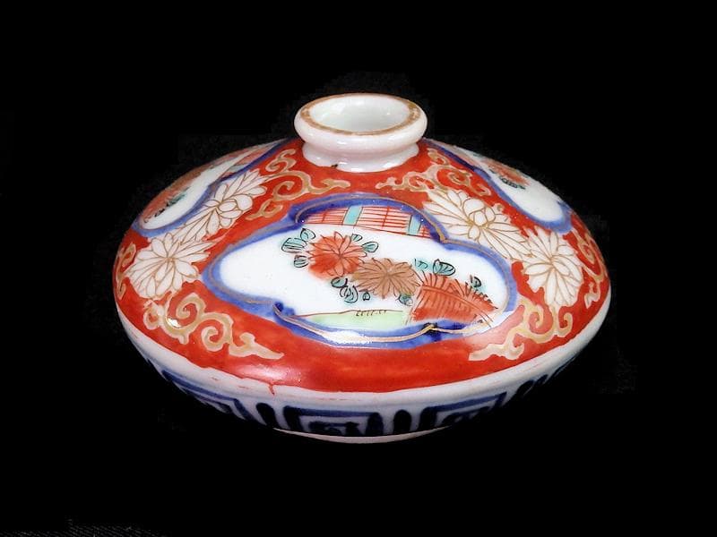 古伊万里　金襴手　窓絵　柴垣に菊の図　油壷　D184-fblw