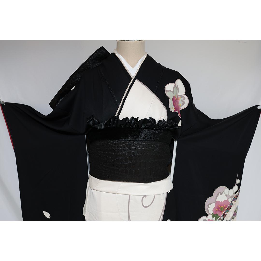 良好■振袖7点セット帯新品帯締め帯揚げフルセットトールサイズ白系黒成人式IB35