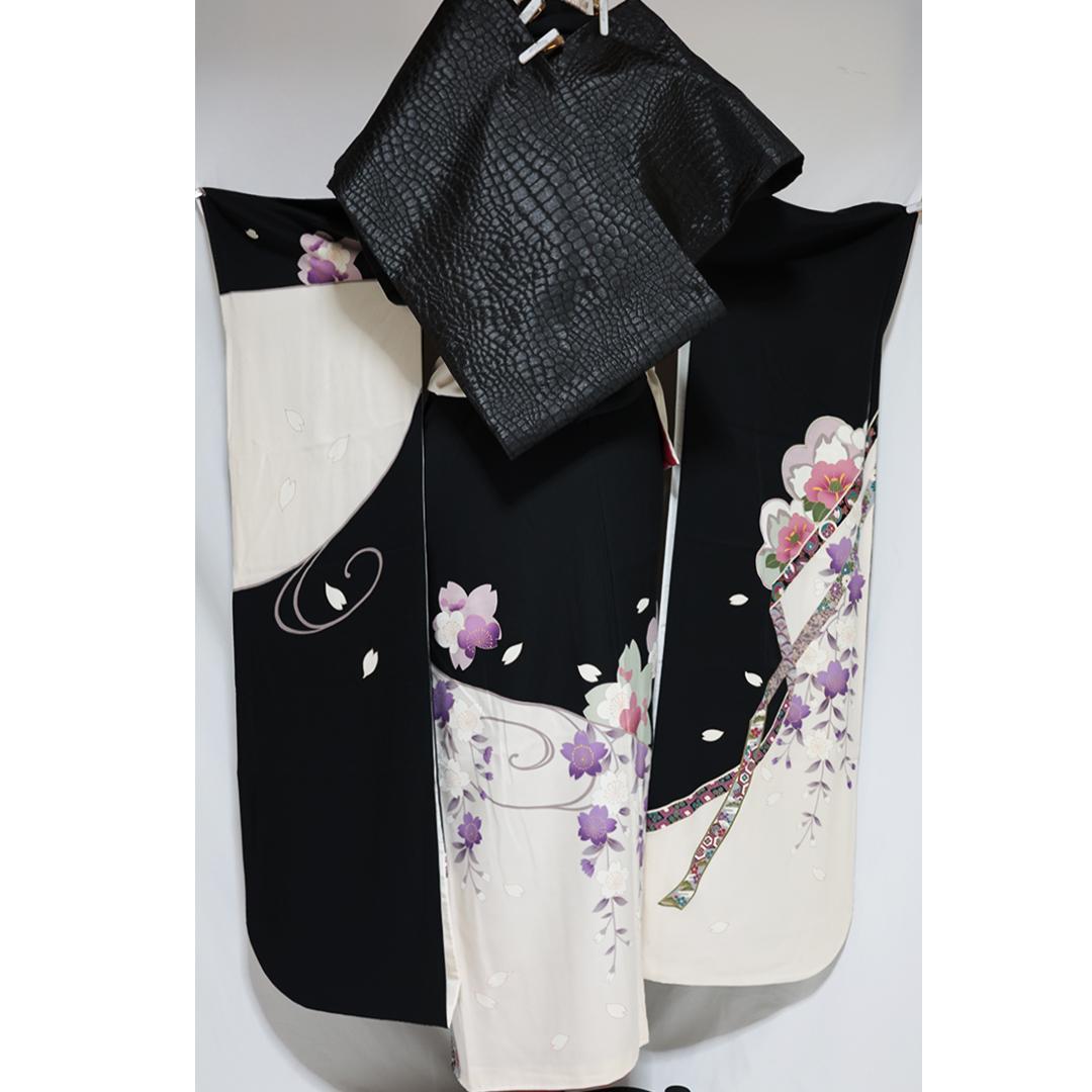 良好■振袖7点セット帯新品帯締め帯揚げフルセットトールサイズ白系黒成人式IB35