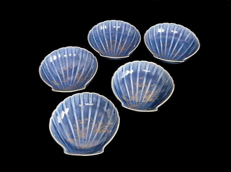 古伊万里　瑠璃色　貝の図　貝型変形皿　５枚　C803AS-BTp