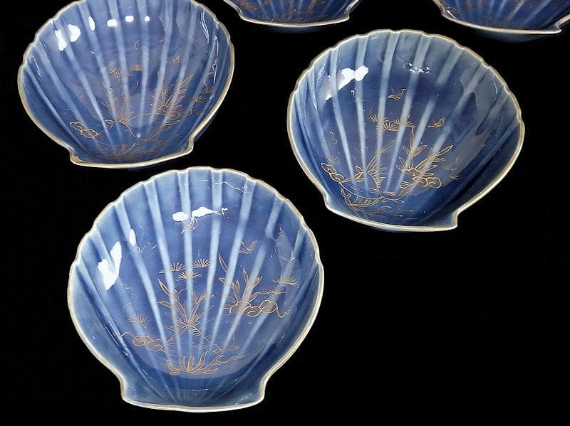 古伊万里　瑠璃色　貝の図　貝型変形皿　５枚　C803AS-BTp