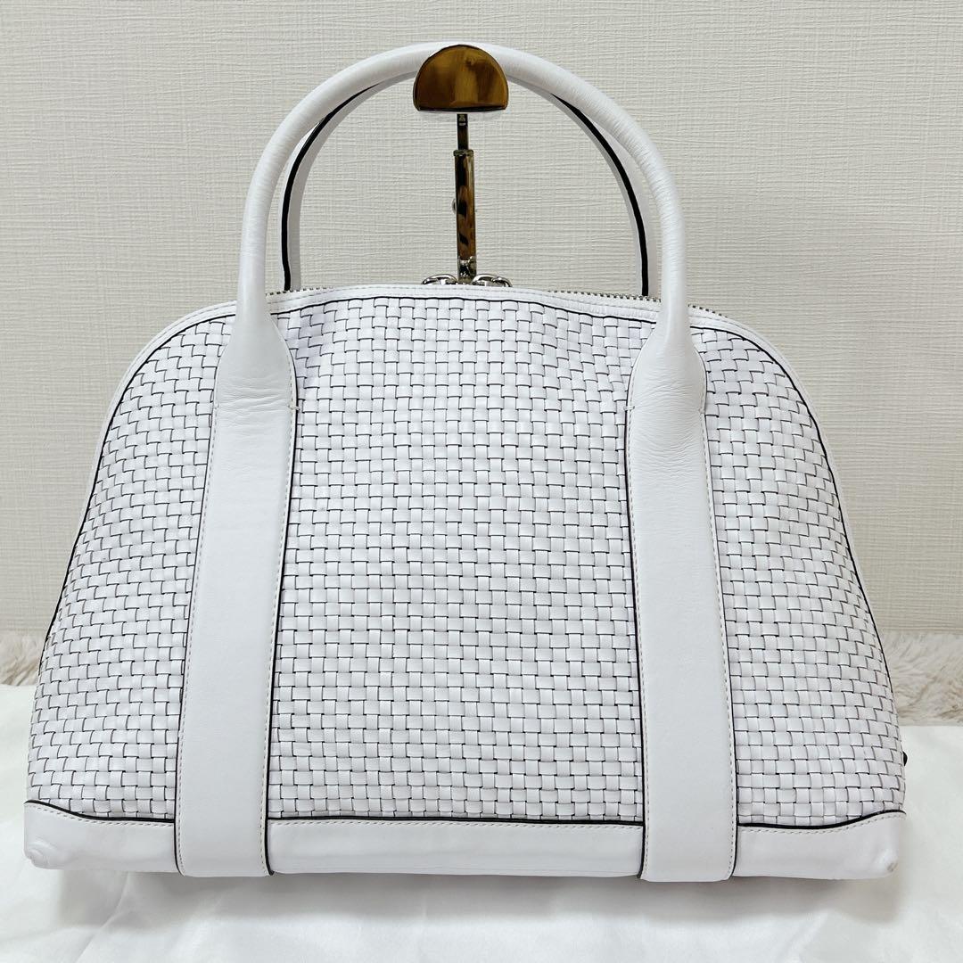 上品 COACH レザー ハンドバッグ ショルダー 2way 編み込み ホワイト