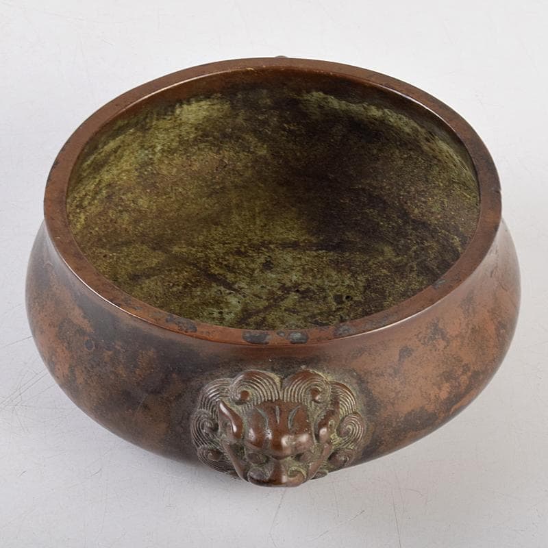 NM　中国　古銅　双獅子耳香炉　在銘　M　R9067