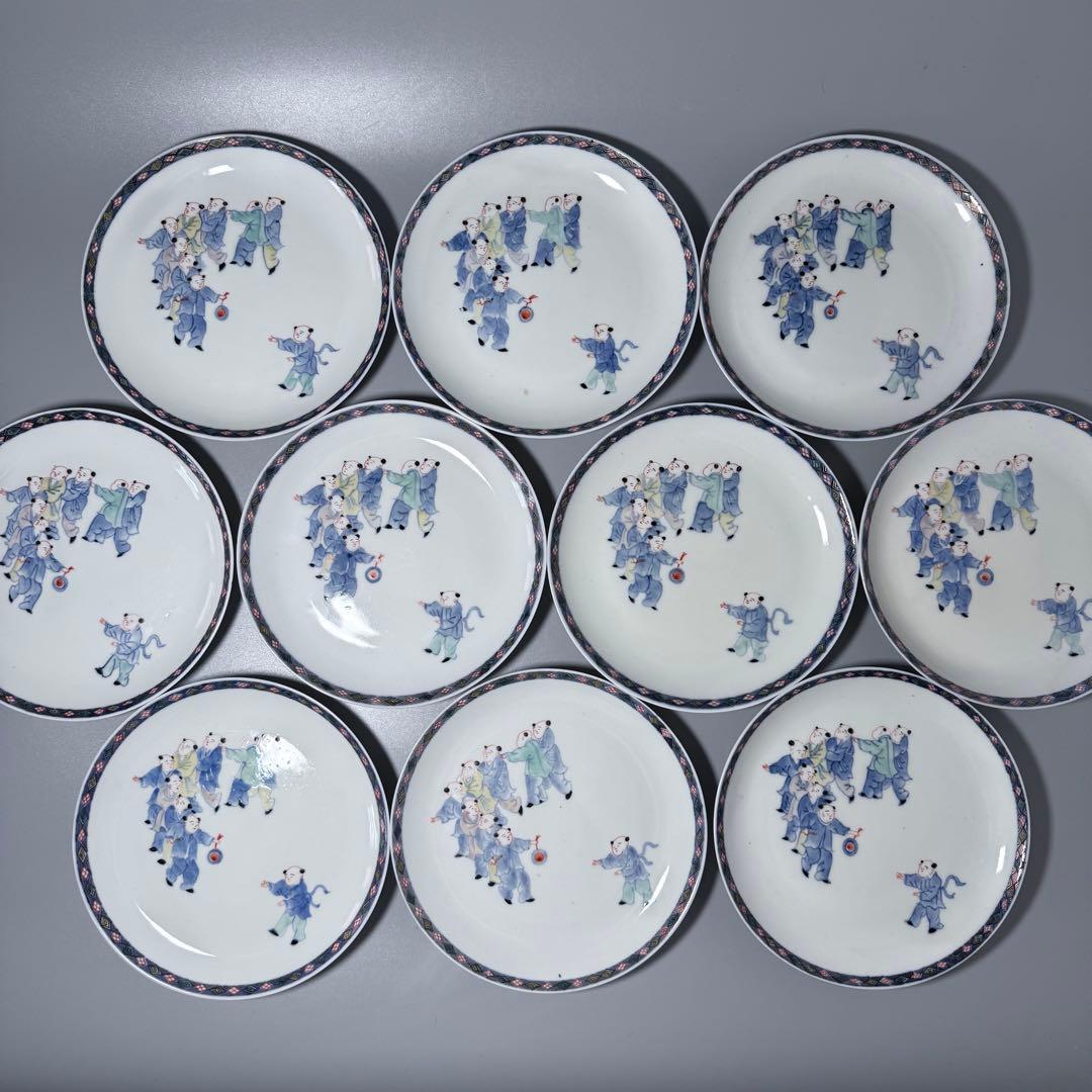 大正〜昭和前期　山口森太郎　最上位作　瀬戸口富右衛門窯　染錦　戯唐子絵皿　十枚