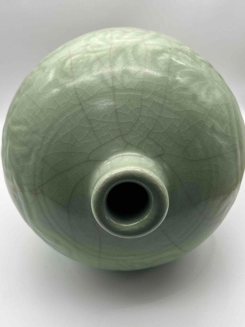 宋時代　龍泉窯　梅子青 青磁 刻牡丹花文大梅瓶 花入　花瓶　茶道具(B-20)