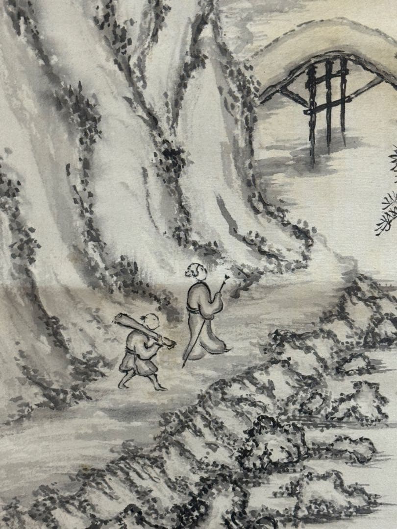 仙峰筆　絹本肉筆　水墨画山水圖　掛軸　送料込み250902