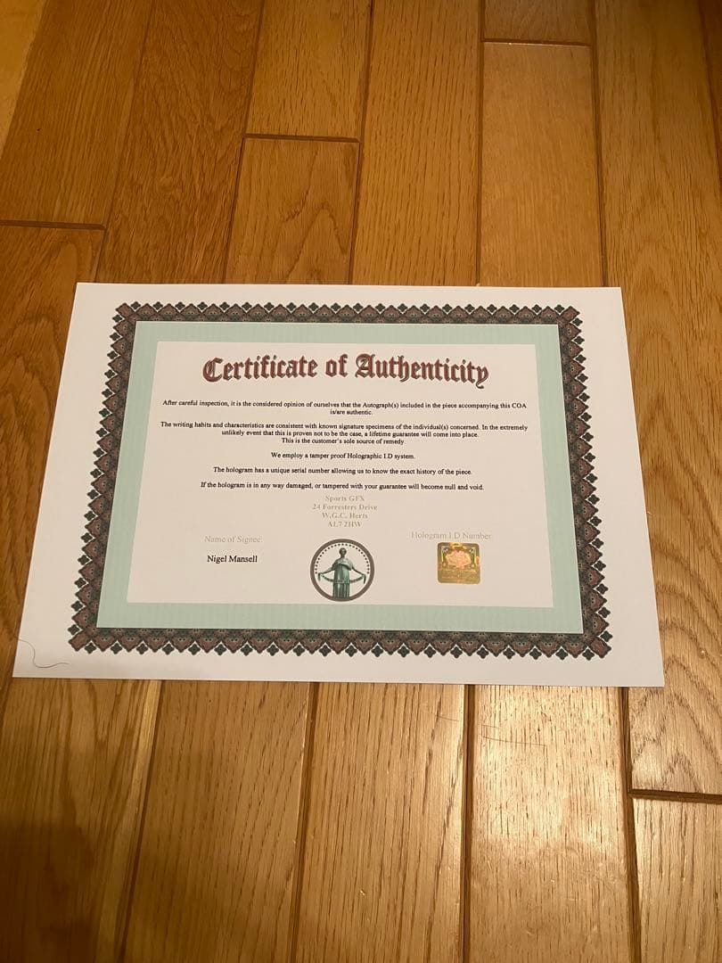ナイジェル　マンセル　ウィリアムズ　ルノー　直筆サイン　証明書付き