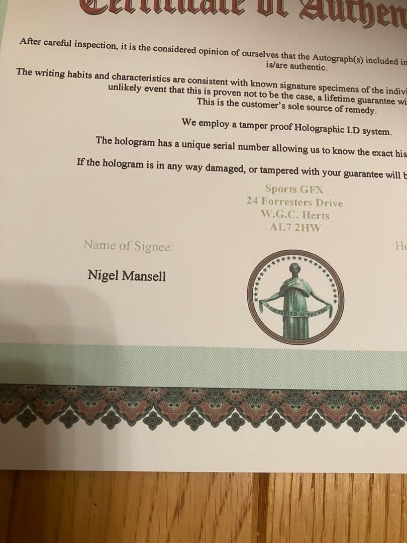 ナイジェル　マンセル　ウィリアムズ　ルノー　直筆サイン　証明書付き