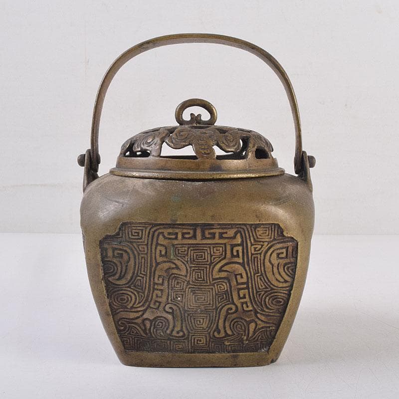 中国　古銅　饕餮文　持ち手付　墨壷　透かし蓋香炉　V　R8871