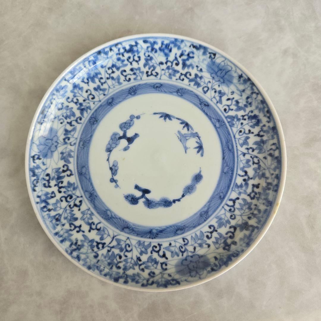 古伊万里　染付　六寸皿　江戸時代　花唐草　金直し　金継ぎ　骨董　アンティーク