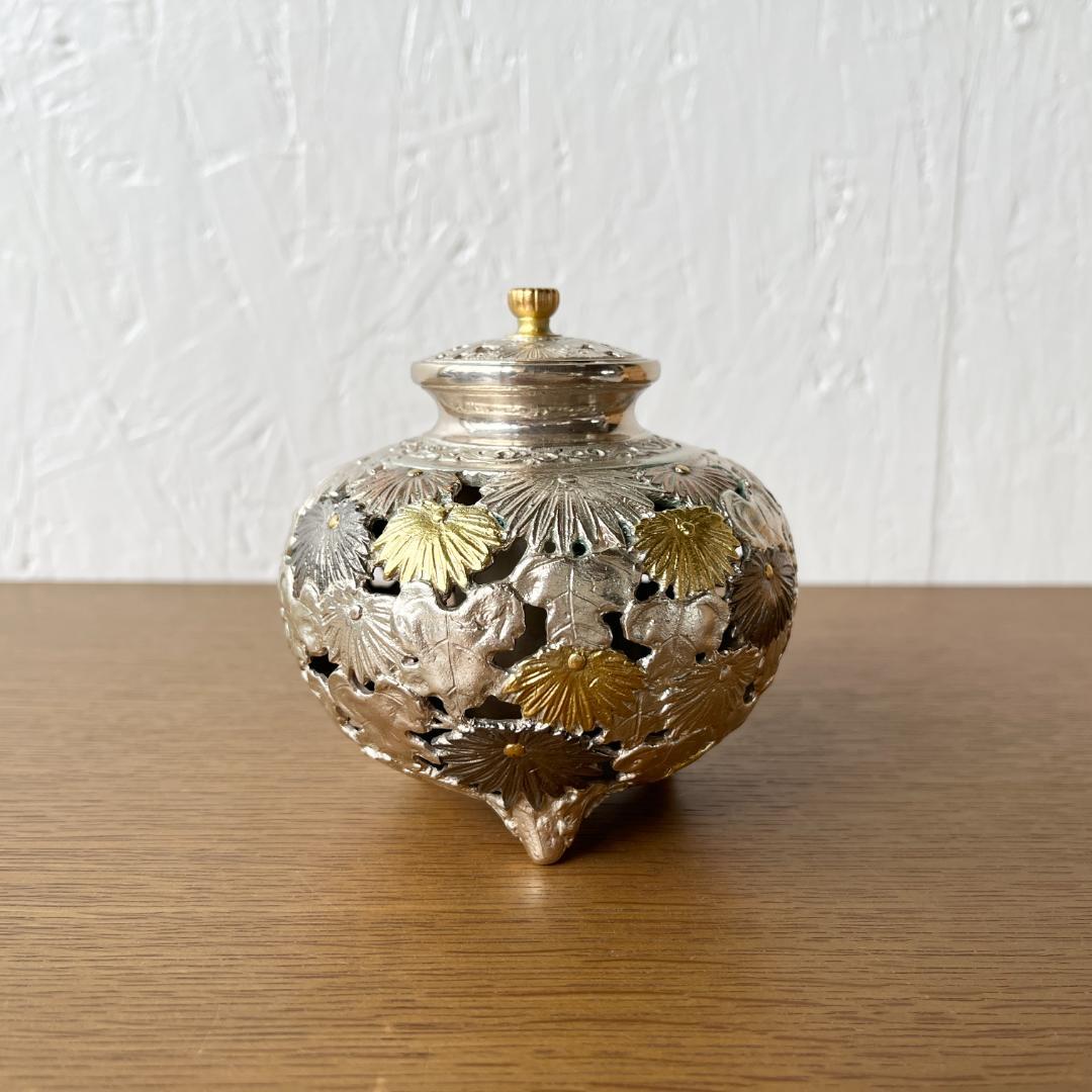 市橋敏雄 金銀彩 菊透かし文 華香炉 茶道具 共箱 未使用品