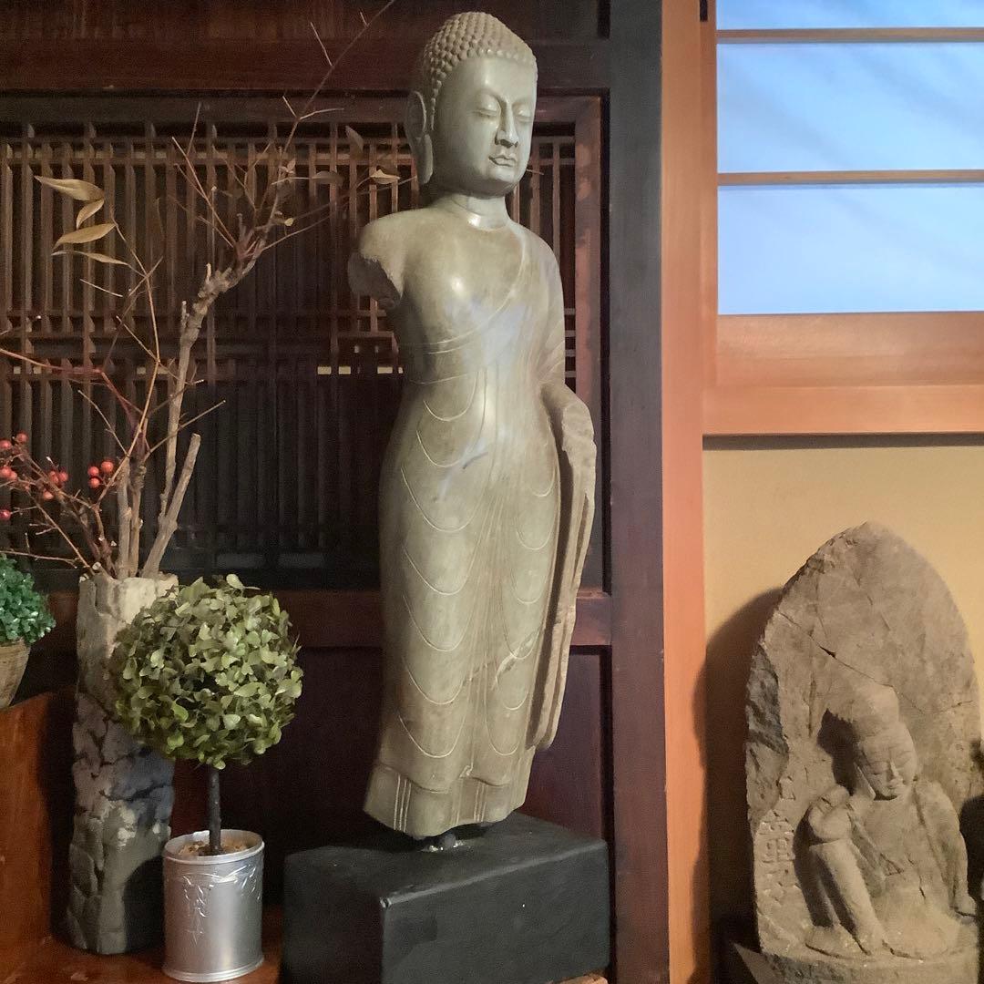 北魏・石仏「阿弥陀如来立像」南北朝時代・北斎・中国古代緑玉・隋極上青石細工彫刻