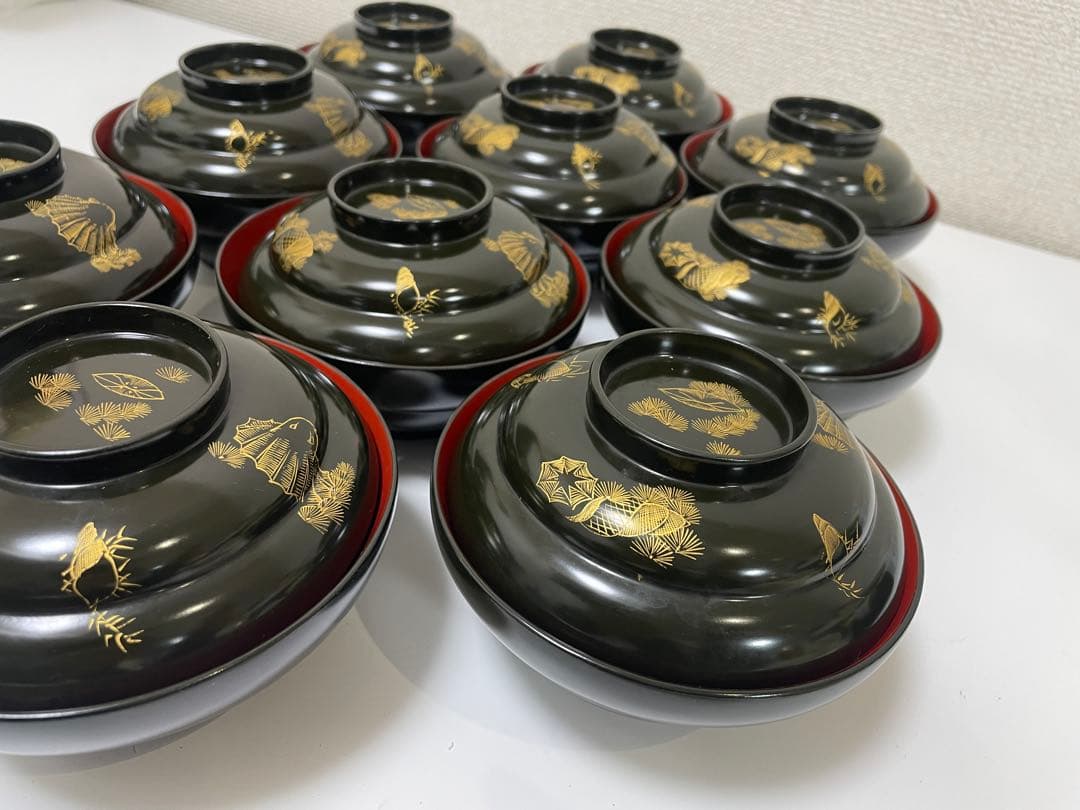 漆器 輪島塗 金蒔絵 貝柄 黒 内朱 吸物 割烹 蓋付き10客個 お煮物椀