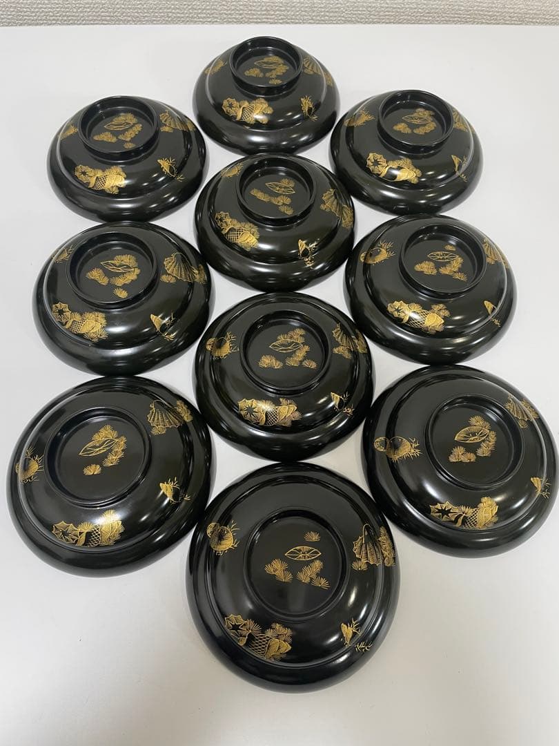 漆器 輪島塗 金蒔絵 貝柄 黒 内朱 吸物 割烹 蓋付き10客個 お煮物椀