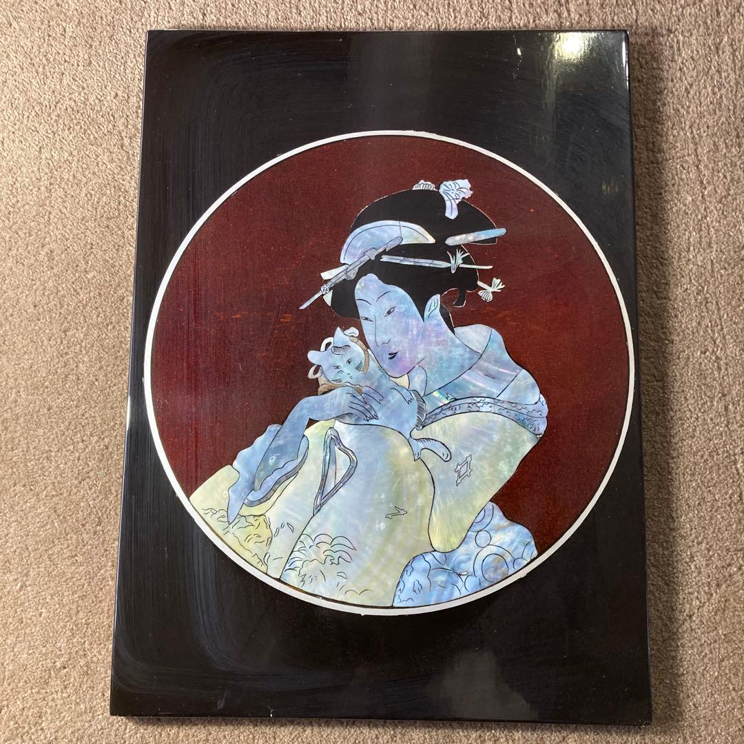 希少 螺鈿 猫を抱いた女性 美人画 浮世絵 天然木 漆器 古画 アンティーク