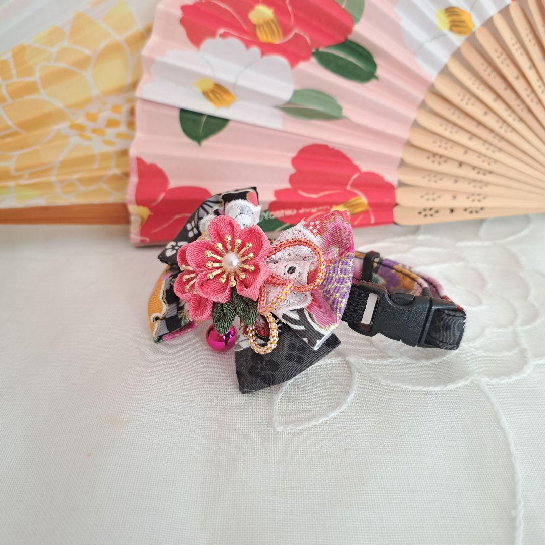 お正月、つまみ細工リボン(黒②)わんちゃん猫ちゃん用首輪