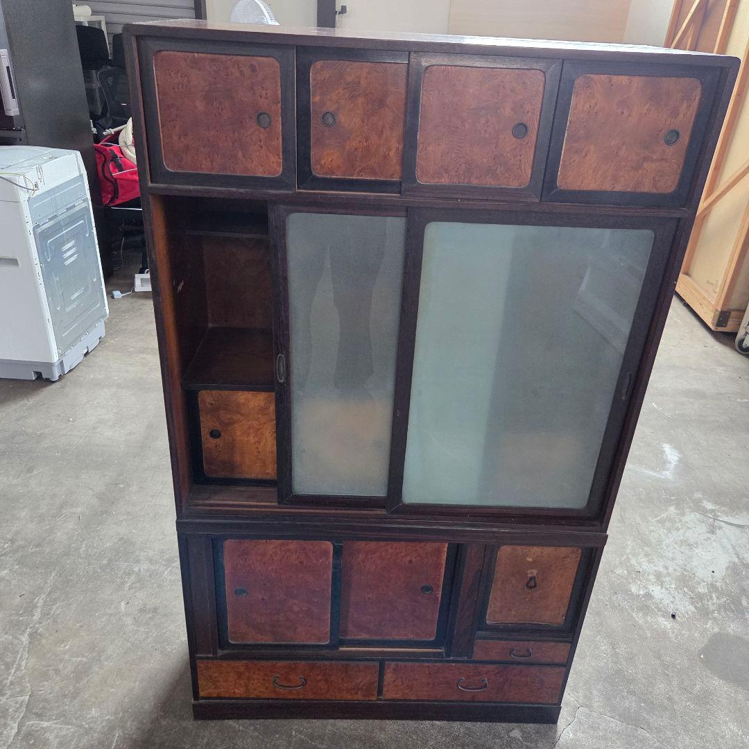 アンティーク風木製箪笥 ガラス扉付き