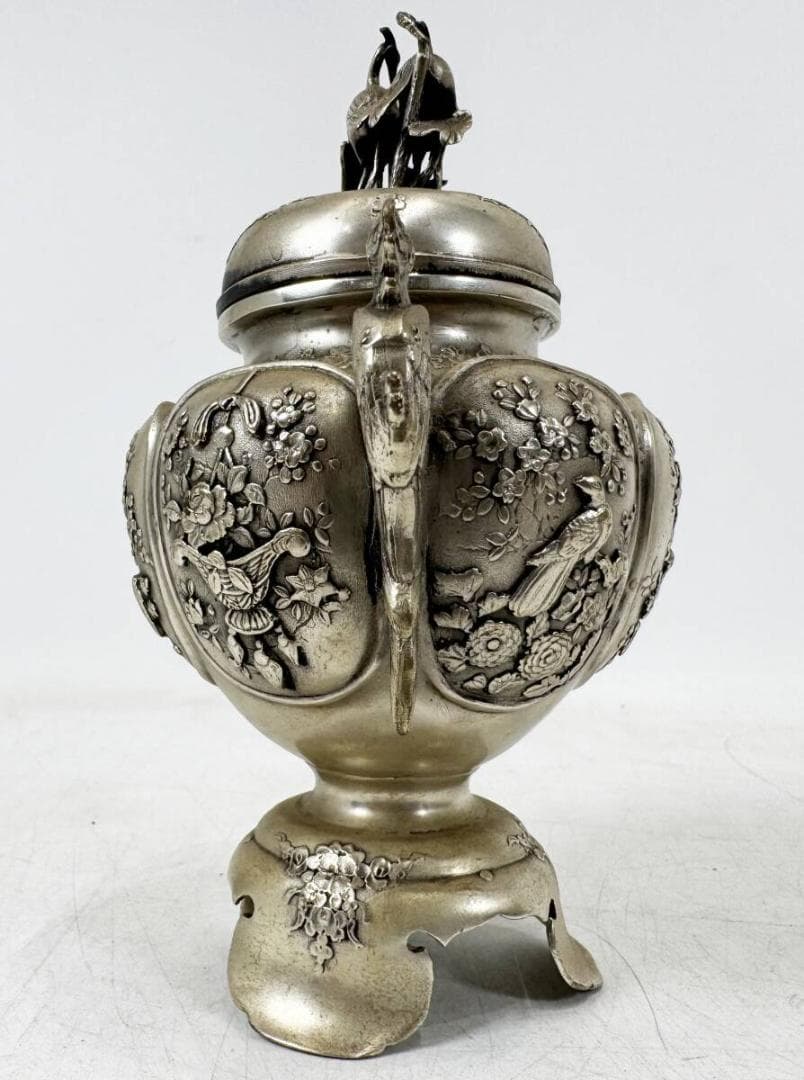 稀少　香炉　銀製品　精密彫　双鶴花鳥三足香炉　骨董　古美術　茶道具　古道具