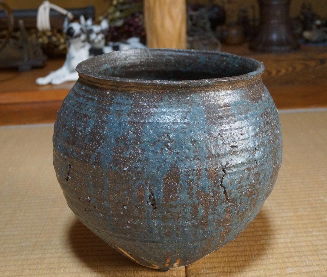 大型青流れ釉大壺 造形飾り壺 大壺 在銘 茶道具 重さ7㎏★時代物★