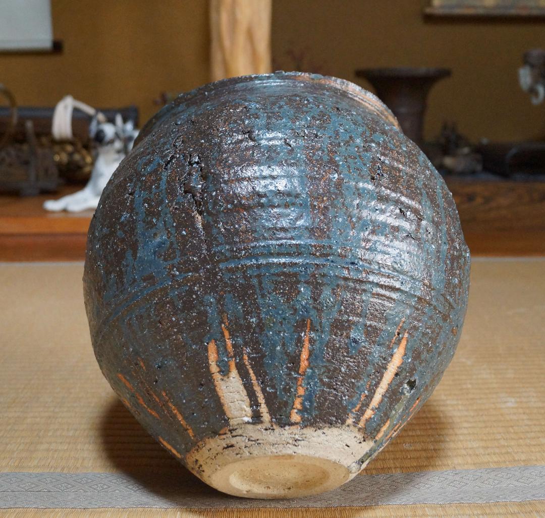 大型青流れ釉大壺 造形飾り壺 大壺 在銘 茶道具 重さ7㎏★時代物★