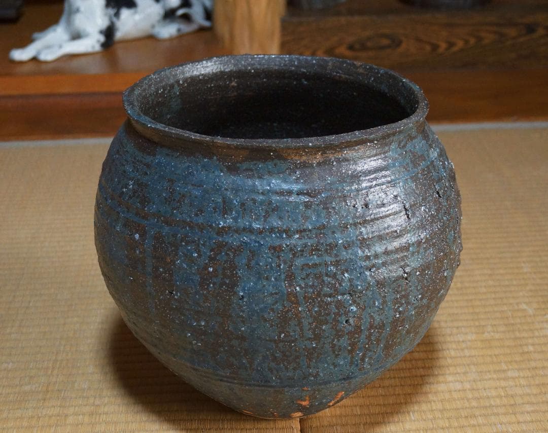 大型青流れ釉大壺 造形飾り壺 大壺 在銘 茶道具 重さ7㎏★時代物★