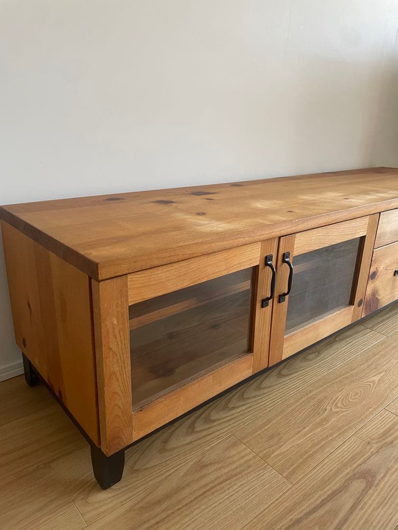 木製テレビ台 ガラス扉付き 4引き出し　アイアン