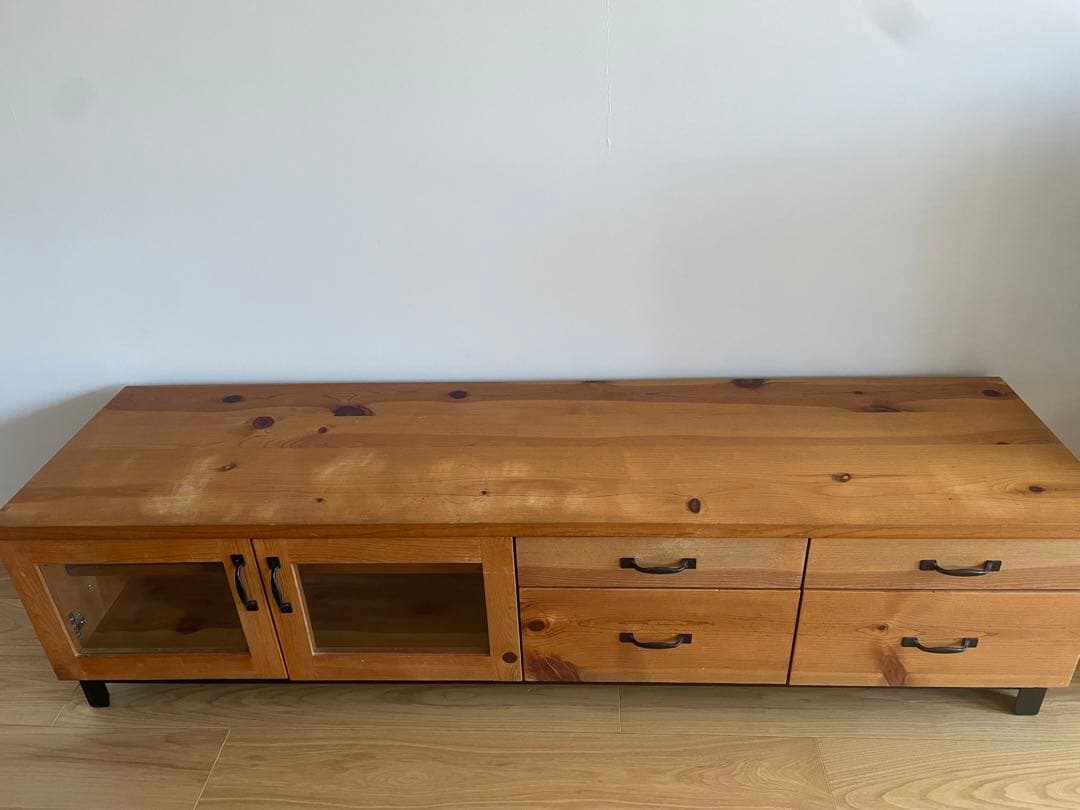 木製テレビ台 ガラス扉付き 4引き出し　アイアン