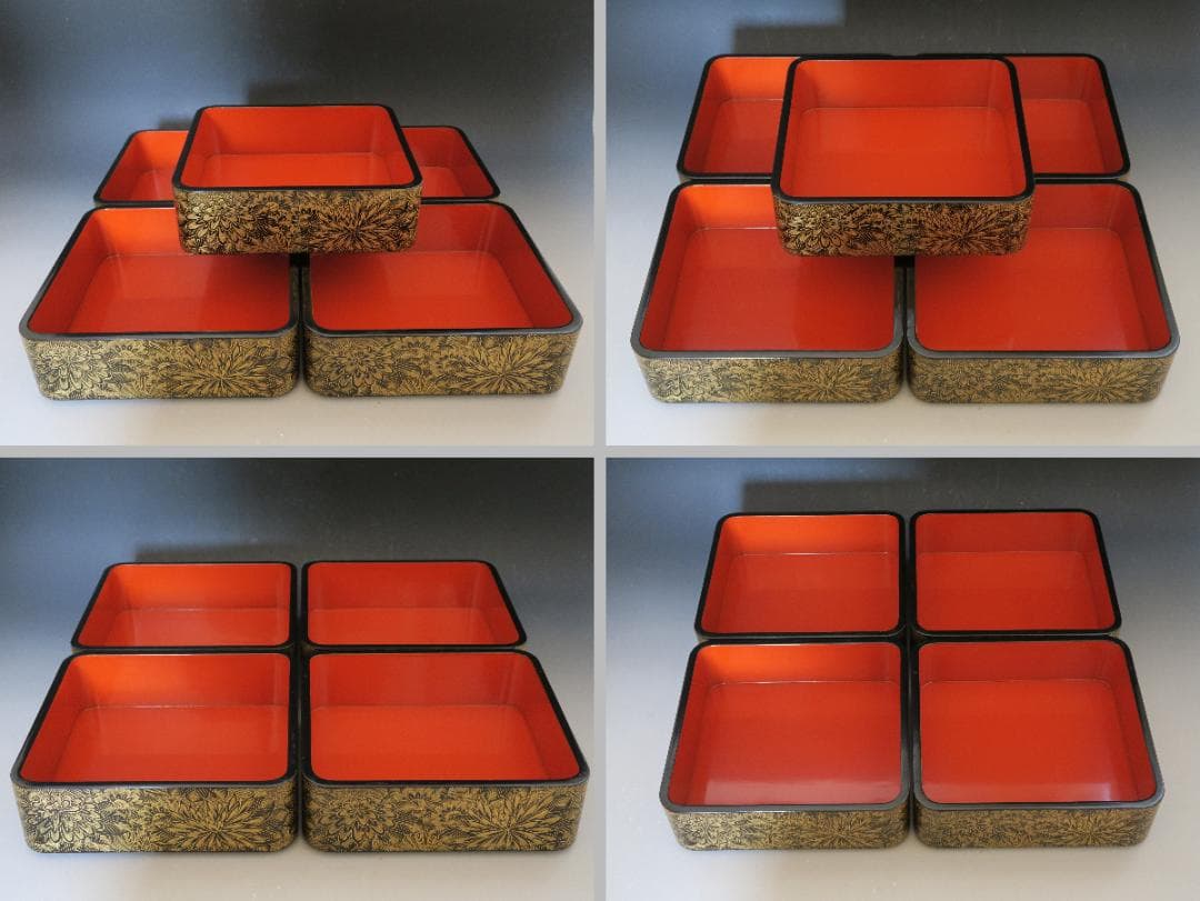 【輪島塗】極上総菊詰沈金 五段重箱 内朱塗 隅丸 蓋横菊彫 天然木 共箱