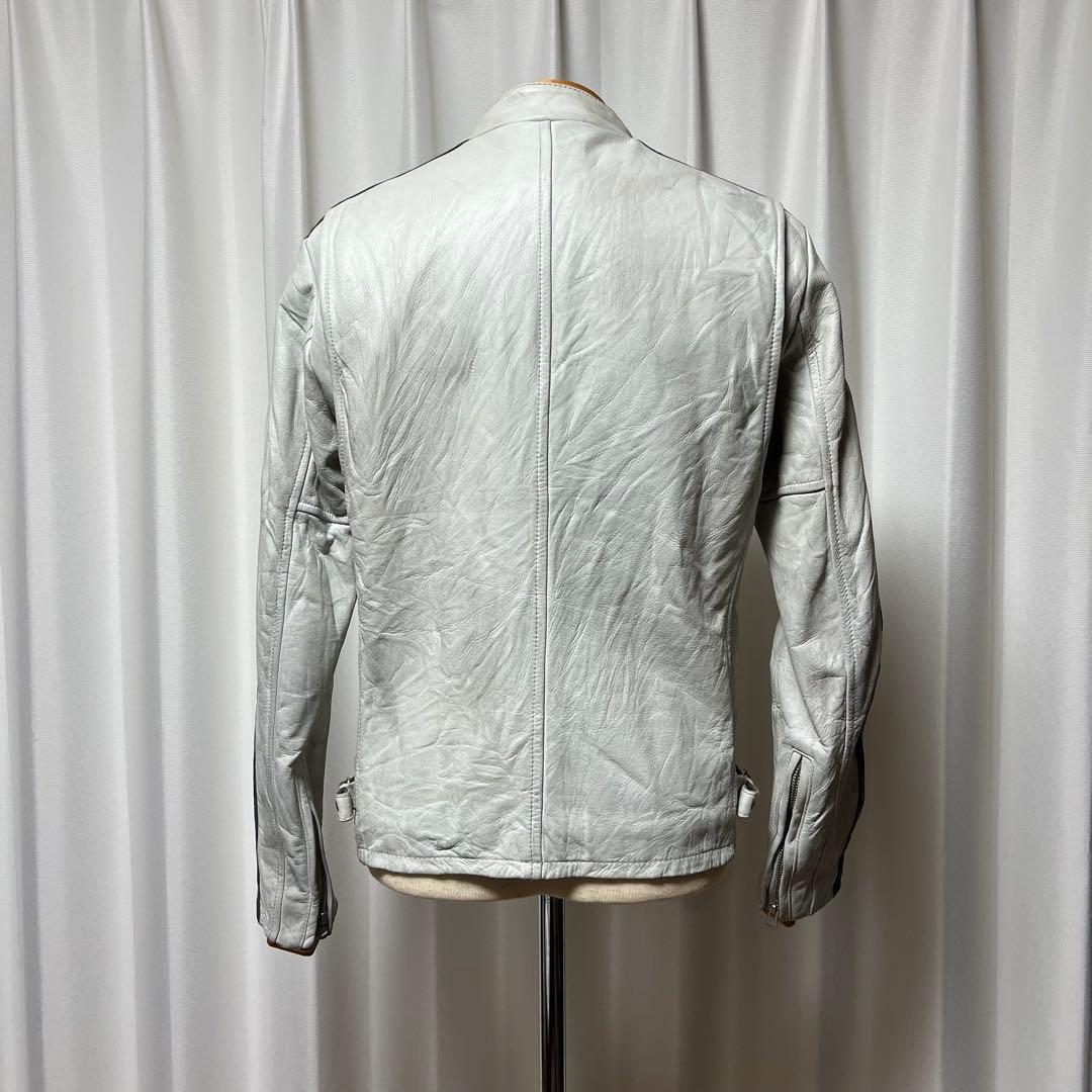 Schottクラッシックレーサー　シングルライダース　白地に袖青赤2本線　牛革M