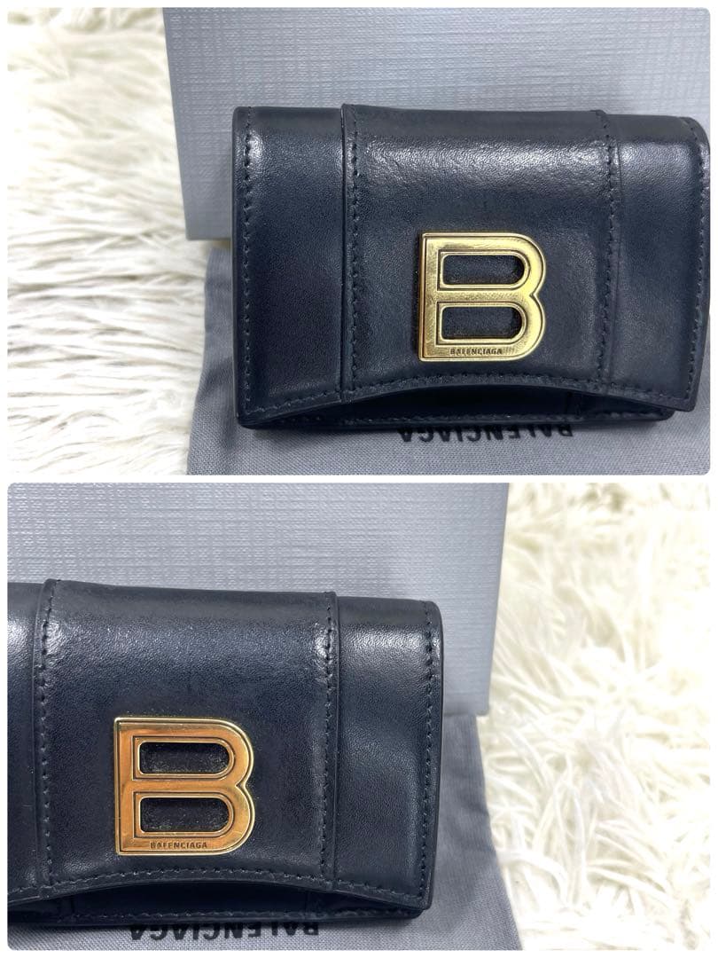 美品‼️ バレンシアガ　三つ折り財布　ロゴ金具　ゴールド金具　レザー　ブラック