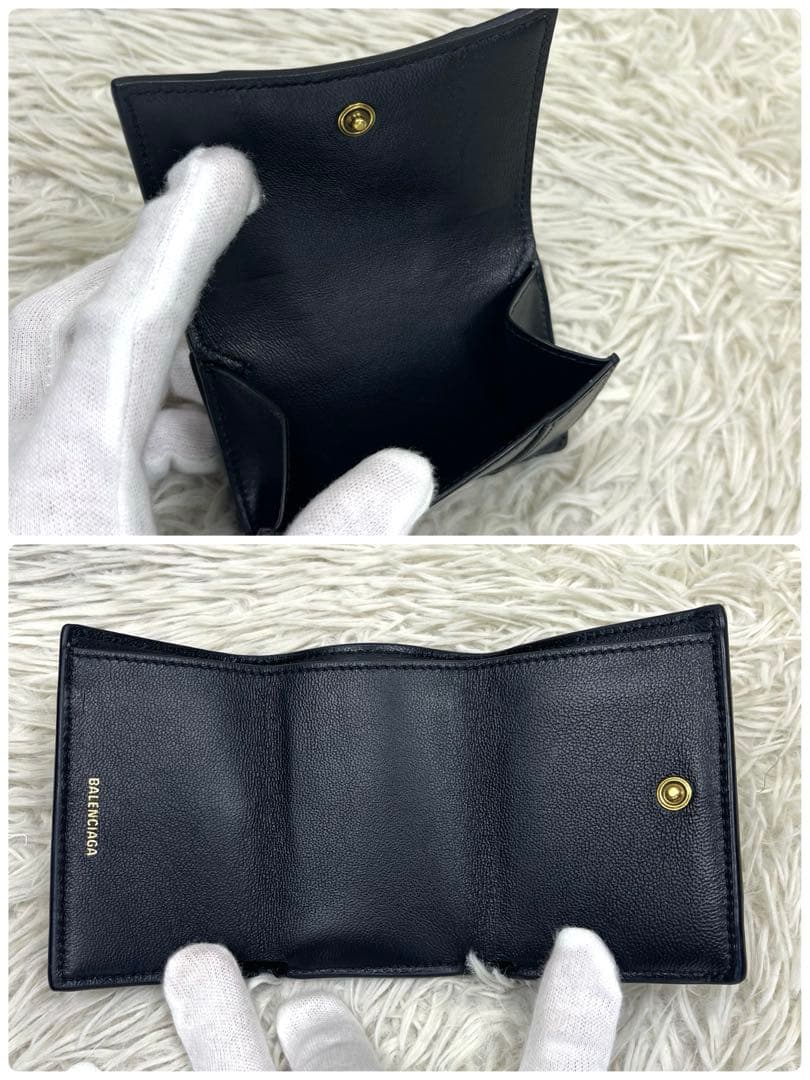 美品‼️ バレンシアガ　三つ折り財布　ロゴ金具　ゴールド金具　レザー　ブラック