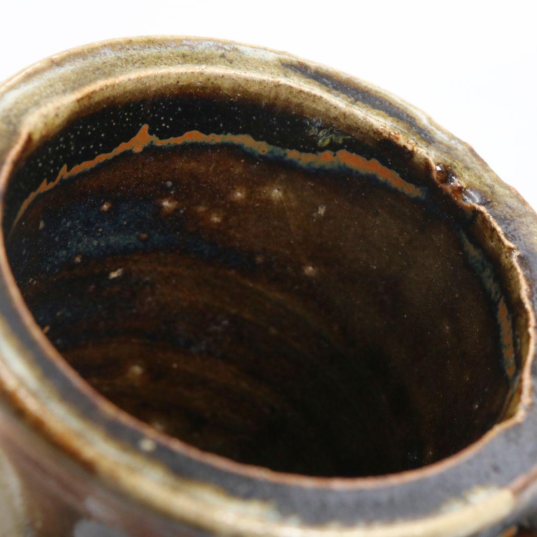 人間国宝 浜田庄司作 益子焼 掛分耳付花生 花瓶 尚美堂箱 共箱共布　V962