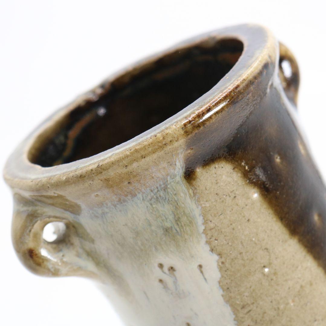 人間国宝 浜田庄司作 益子焼 掛分耳付花生 花瓶 尚美堂箱 共箱共布　V962