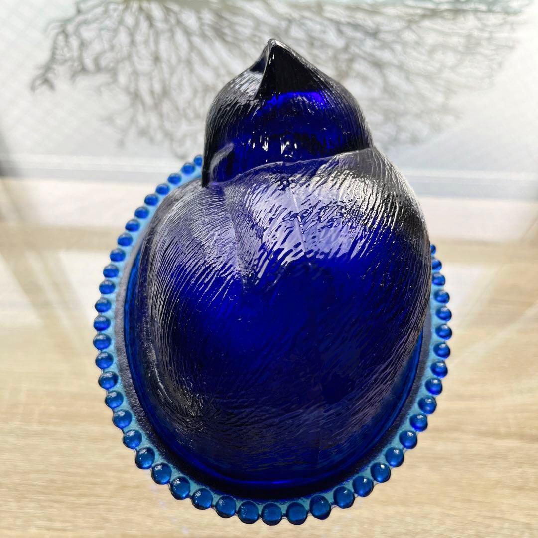 骨董　時代ガラス　希少　瑠璃色ガラス　眠り猫モチーフ　蓋物　菓子瓶　キャニスター