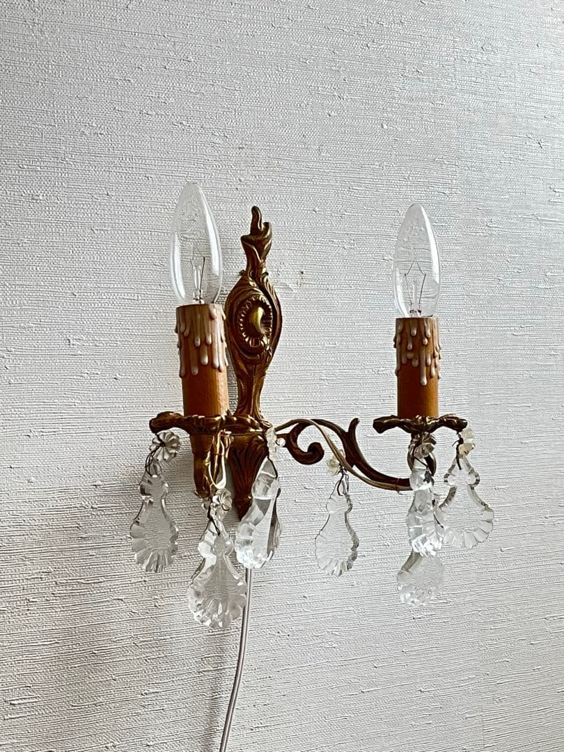 【美品】フランスアンティーク クリスタルドロップ 2灯ブラケット[3026]