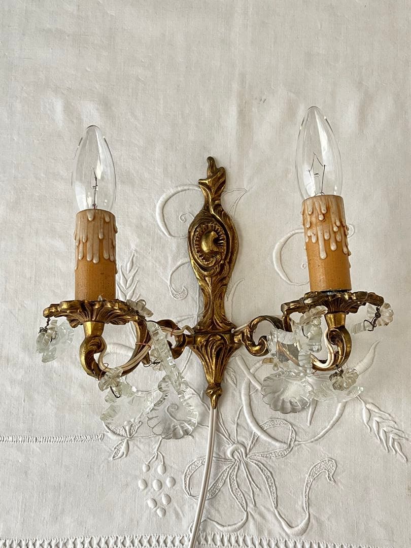 【美品】フランスアンティーク クリスタルドロップ 2灯ブラケット[3026]