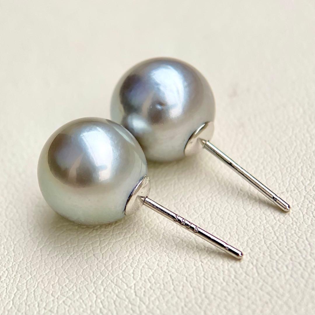本真珠南洋黒蝶真珠　グレー系10.1㍉s925直結ピアスBL911